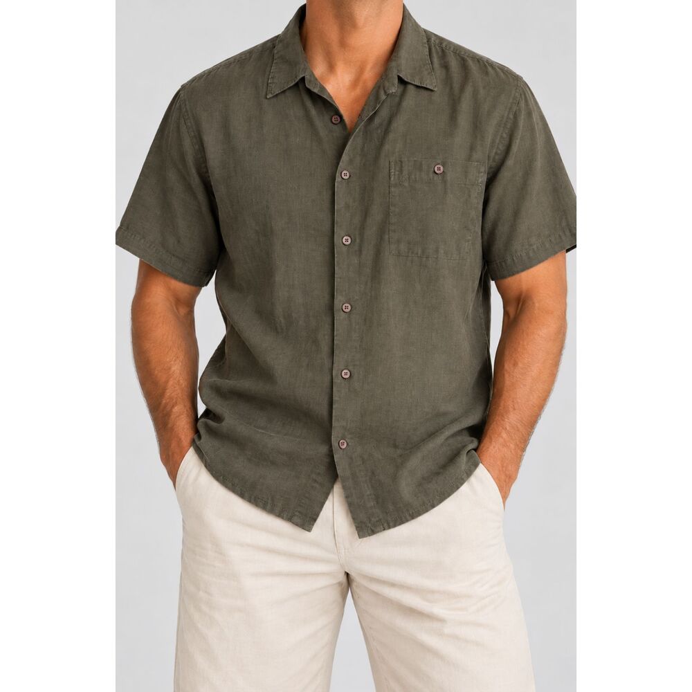 Bruno Pure Linen Men’s Shirt Large Olive Green Short Sleeve Button Front